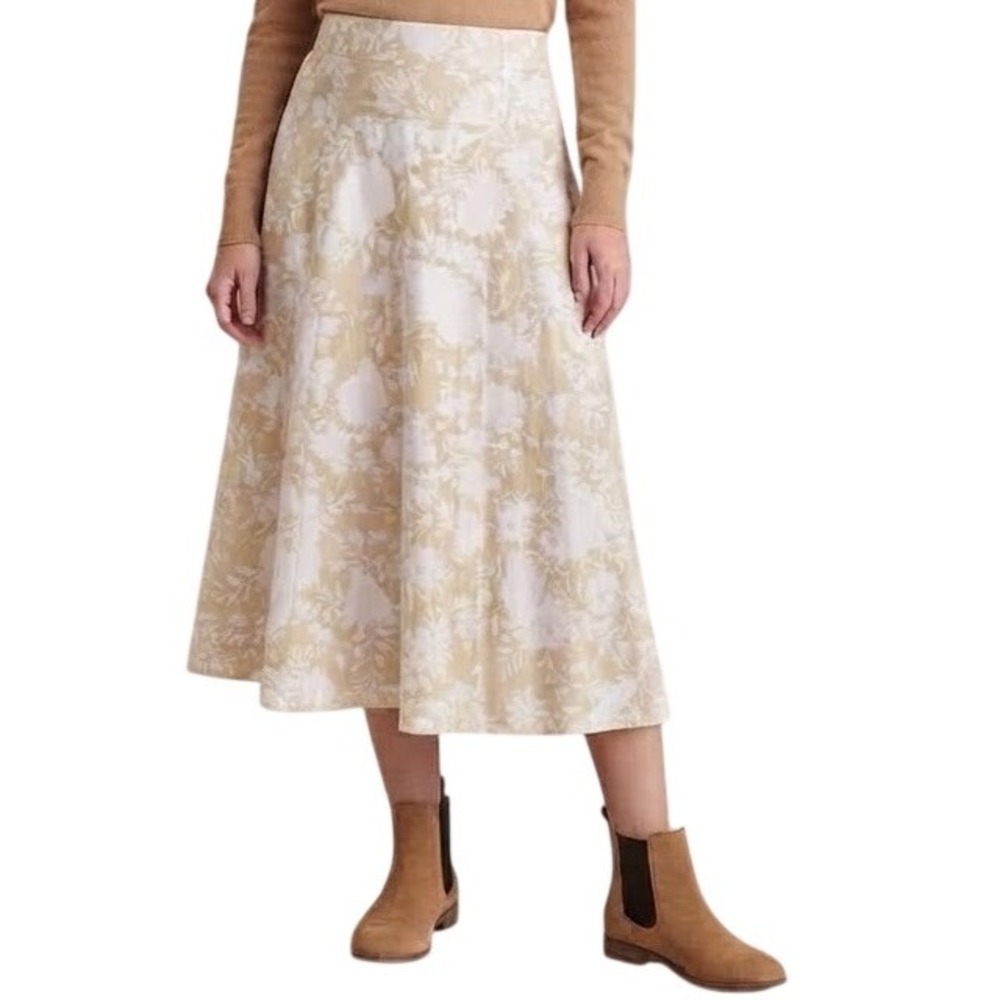 Jones New York Linen Midi Skirt Tan White Floral A Line Cottagecore 8 Medium
